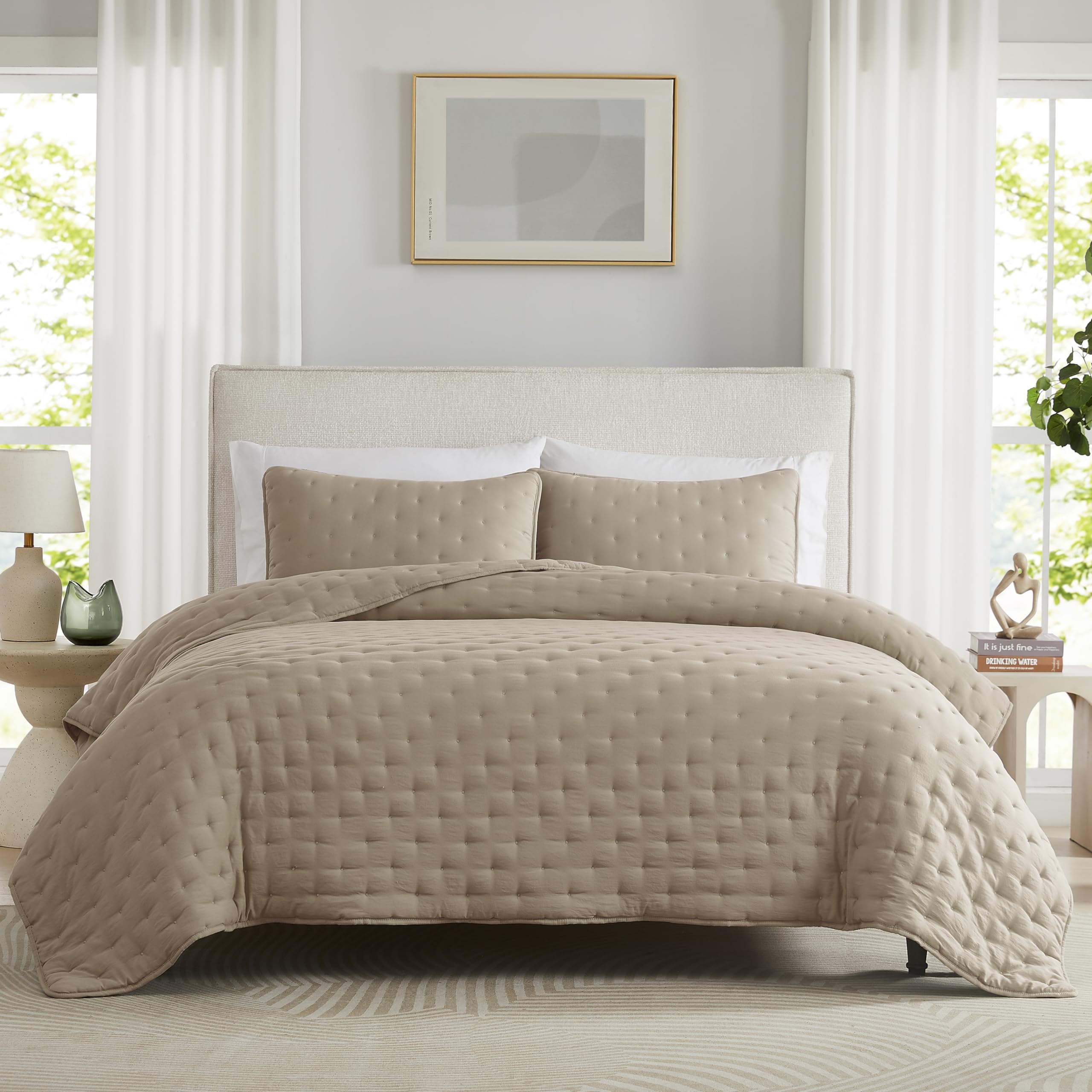 Wdcozy Beige Cloud Quilt Twin Size Bedding Set With Pillow Sham, Tan Puffy Cozy Lightweight Bedspread Coverlet, Taupe Camel Soft